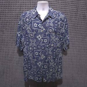 VTG Blue Hawaiian Shirt Mens Lg Floral Geometric Short Sleeve Soft Beach Button